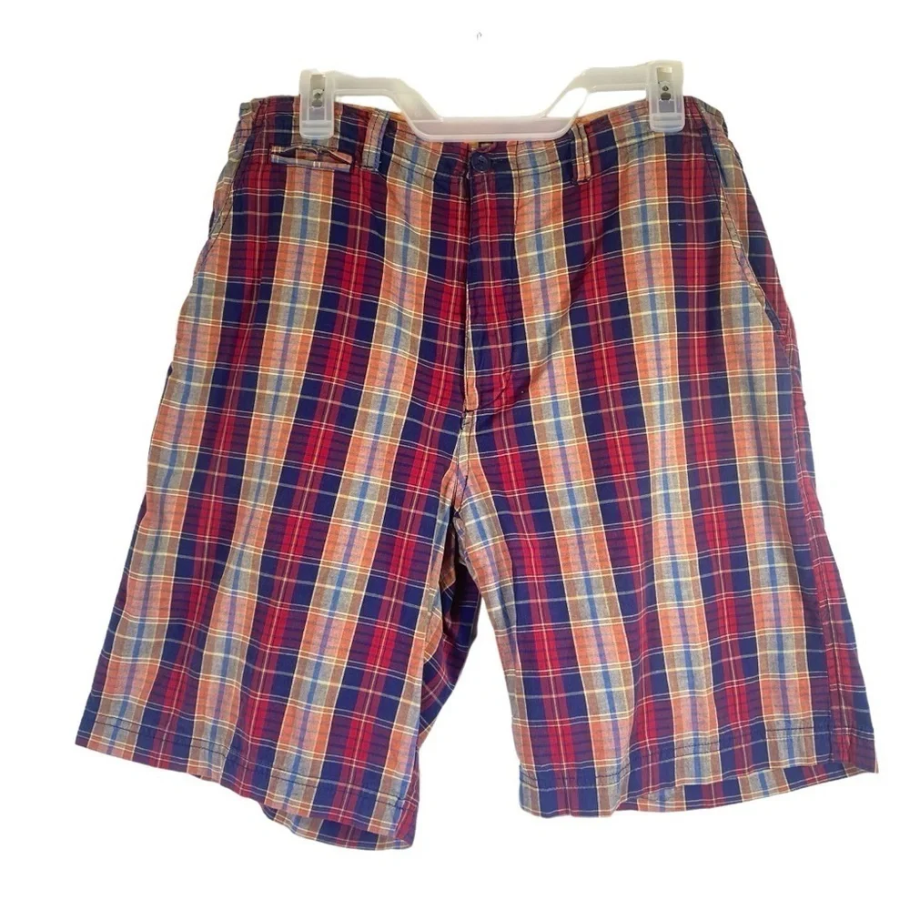 Madison men's 34 Plaid blue red orange casual fun vacation flat front shorts